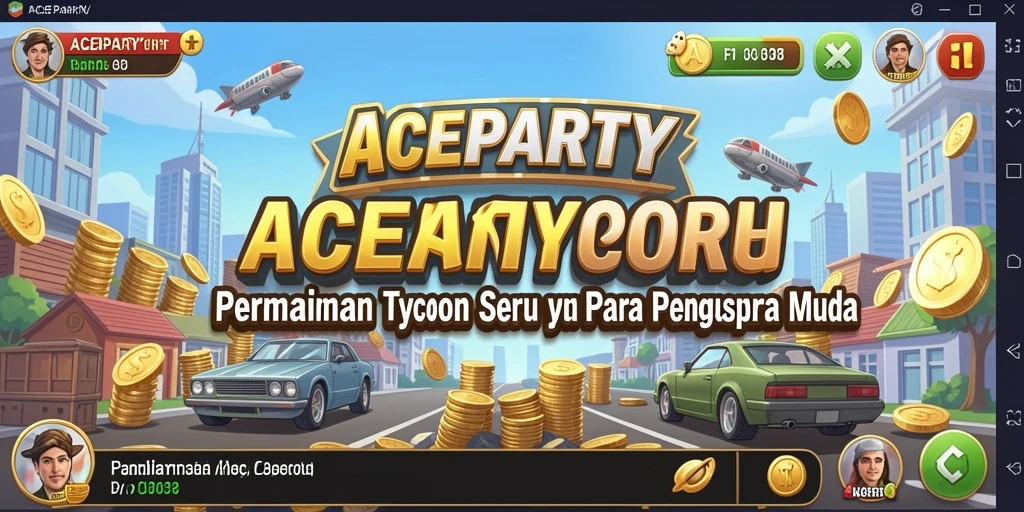 Tampilan gameplay ACEPARTY yang menunjukkan tindakan manajemen bisnis yang dinamis.