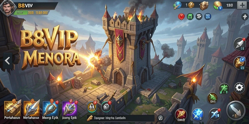 Gameplay B8VIP menampilkan pertempuran Tower Defense yang seru dan menegangkan.
