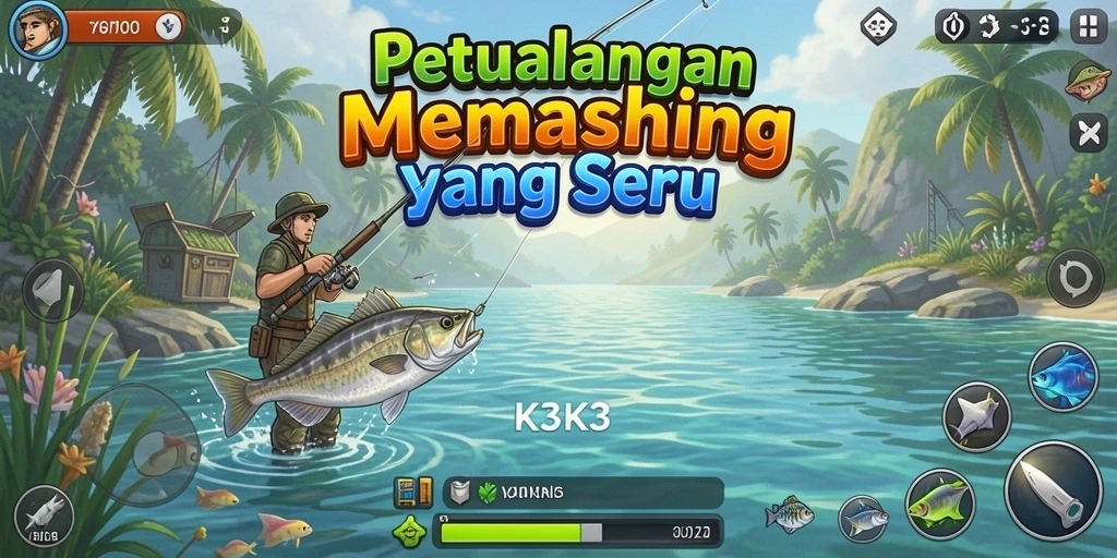 Screenshot utama K3K3 menampilkan aksi menangkap ikan yang seru.