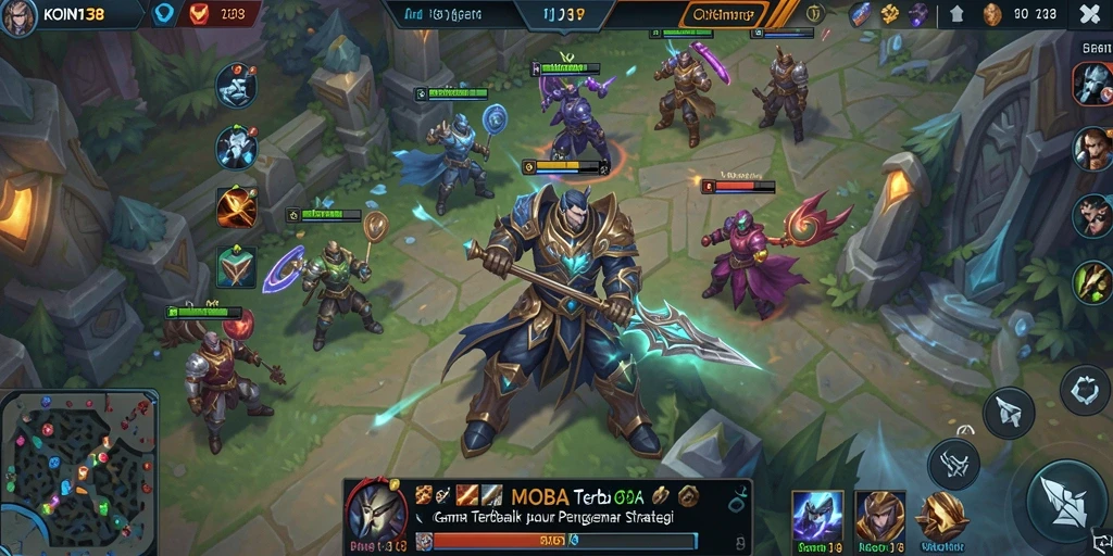 Tangkapan layar gameplay KOIN138 yang menampilkan pertempuran MOBA yang intens.