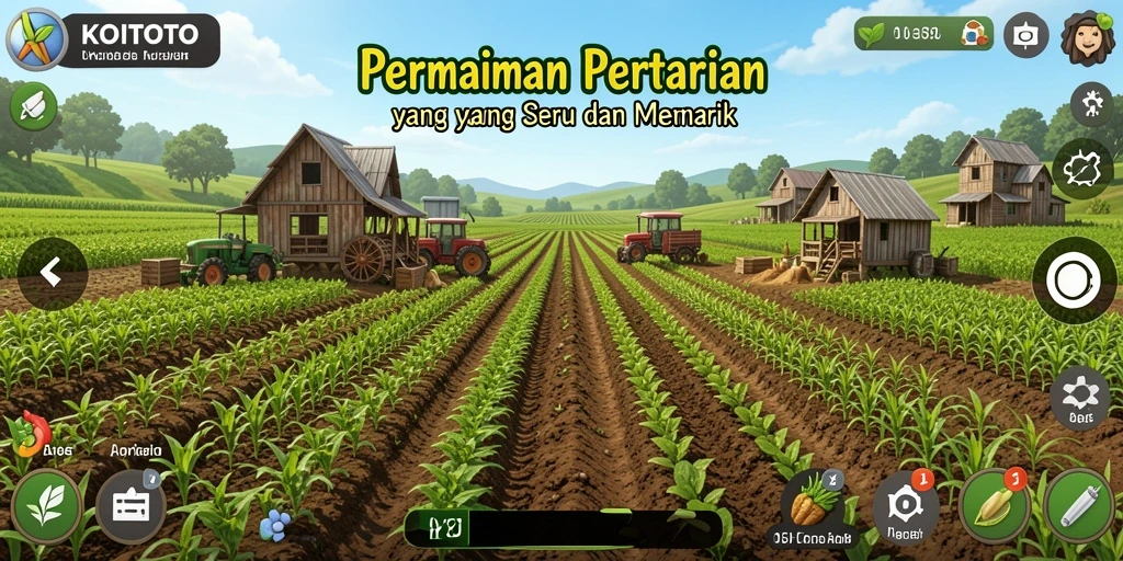 Screenshot gameplay KOITOTO menunjukkan petani yang bekerja di ladang hijau.
