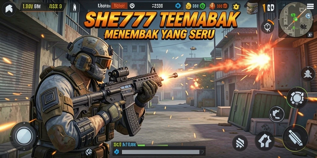 Gameplay intens dari SHE777 dengan aksi tembak-menembak yang seru.