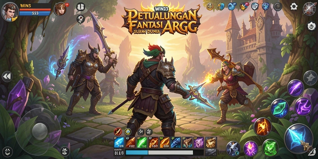 Screenshot WIN33 menampilkan aksi pertempuran epik di dunia fantasi.